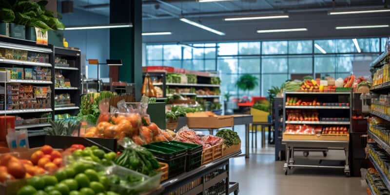 Supermarket interior with shelves full of fresh fruits and vegetables.